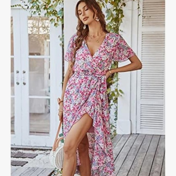 GRACEASY DRESS PINK WHITE FLORAL PRINT FIT FLAIR WRAP SUMMER DRESS SIZE XL NET - Picture 2 of 14